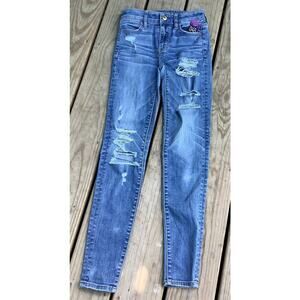 American Eagle Destroyed Hi Rise Jegging Size 00 Ripped Super Stretch Denim Blue